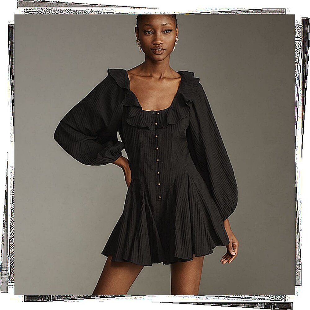 Anthropologie Black Ruffled Long-Sleeve Mini Romper - Picture 3 of 5
